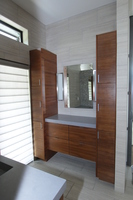 Thumb vanity  contemporary style  walnut  medium color  banded door  frameless construction  floating  vanity tower