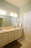 Thumb vanity  traditional style  painted  raised panel  double sinks  bank of drawers  5 piece drawer fronts  standard overlay
