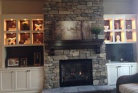 Thumb great room  contemporary or shaker style   painted  recessed panel  open bookcase cubbies  accent color back  lighting in cubbies  wood tops  mantel with corbels  fireplace built ins  full overlay construct